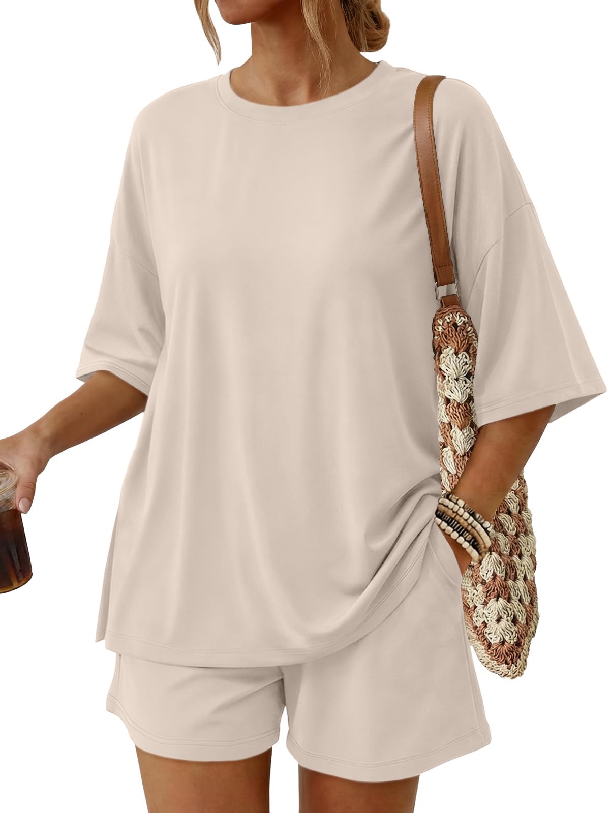 Trendy Queen Women's 2 Piece Summer Matching Set Lounge Wear with Pockets | Vacation Travel Outfit, Airport Resort Wear, Athleisure Clothing, Oversized Top & Loose Fit Shorts