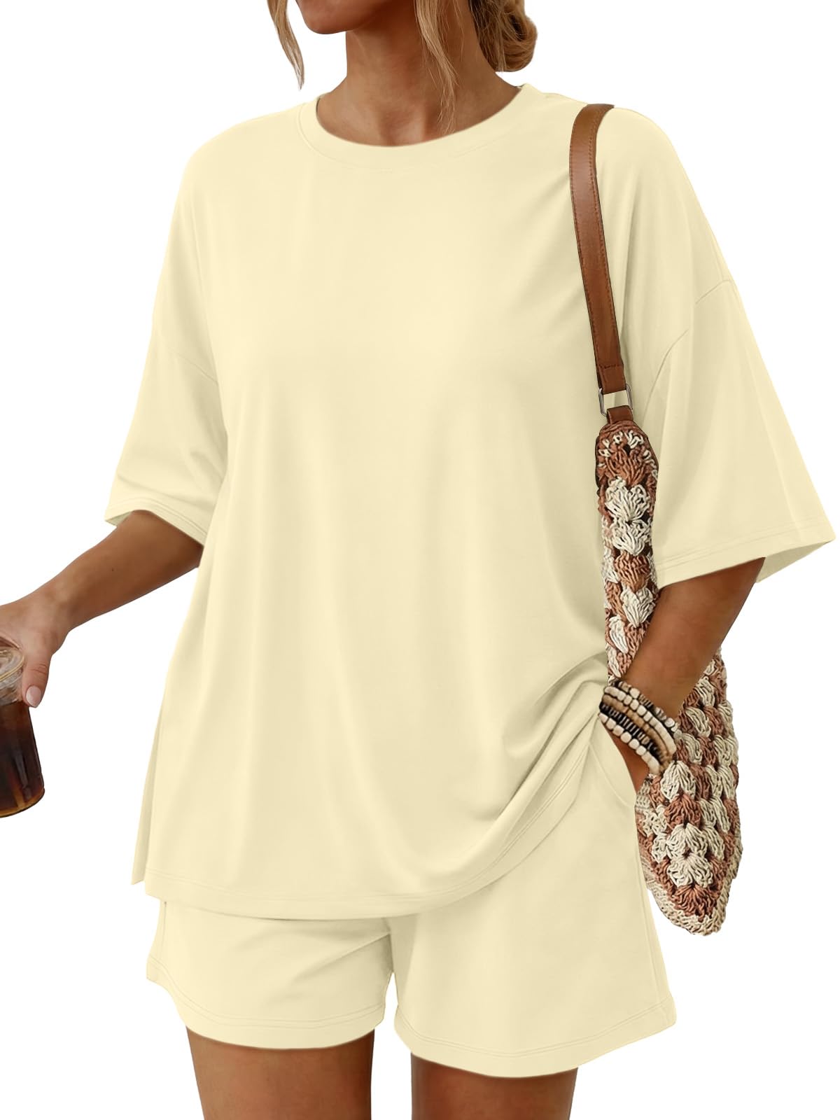Trendy Queen Women's 2 Piece Summer Matching Set Lounge Wear with Pockets | Vacation Travel Outfit, Airport Resort Wear, Athleisure Clothing, Oversized Top & Loose Fit Shorts