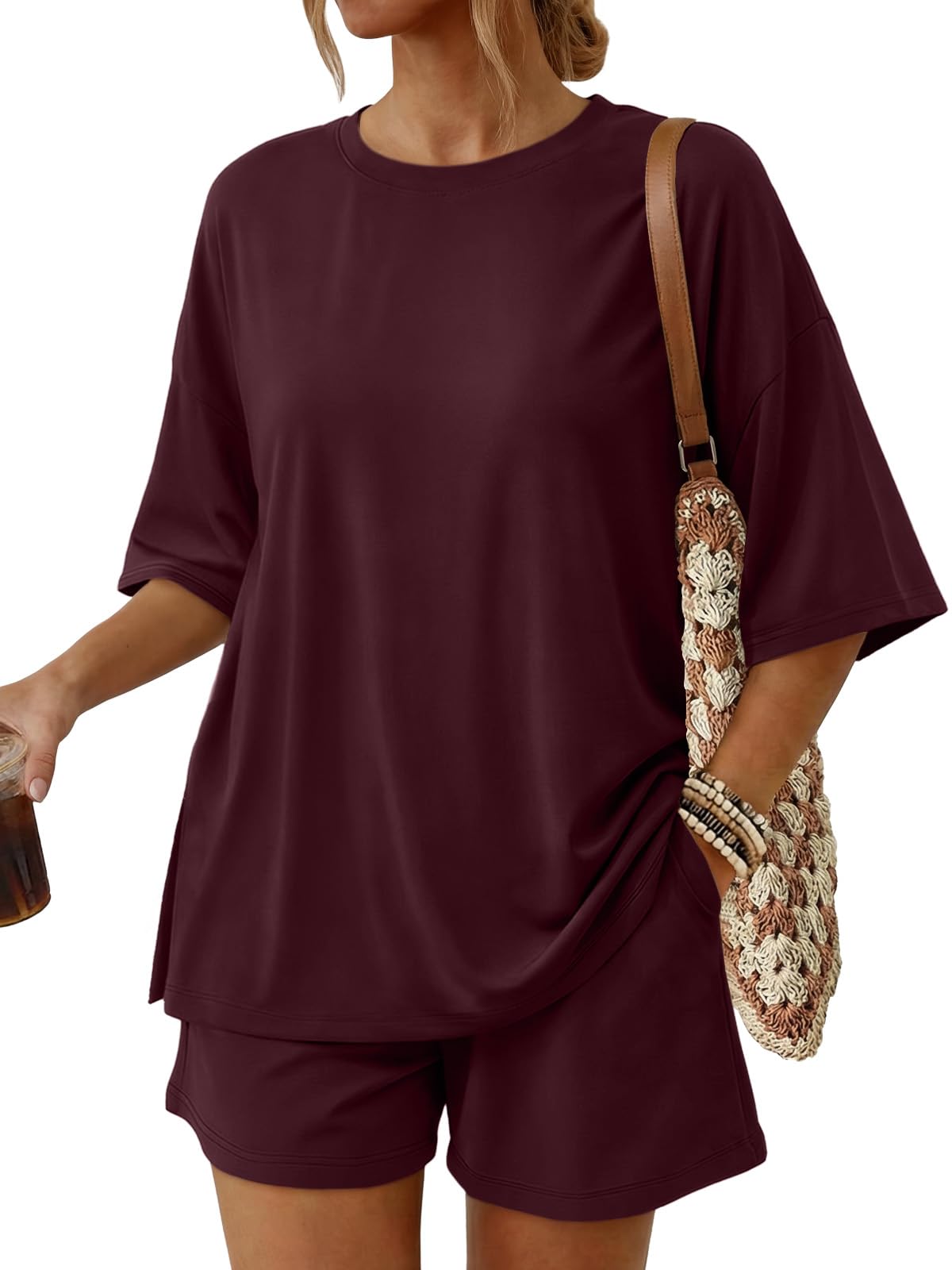 Trendy Queen Women's 2 Piece Summer Matching Set Lounge Wear with Pockets | Vacation Travel Outfit, Airport Resort Wear, Athleisure Clothing, Oversized Top & Loose Fit Shorts