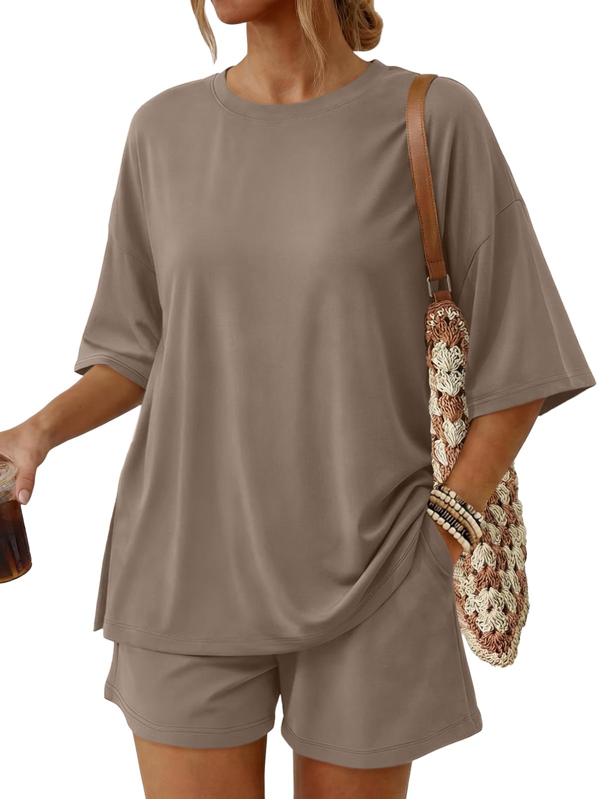Trendy Queen Women's 2 Piece Summer Matching Set Lounge Wear with Pockets | Vacation Travel Outfit, Airport Resort Wear, Athleisure Clothing, Oversized Top & Loose Fit Shorts