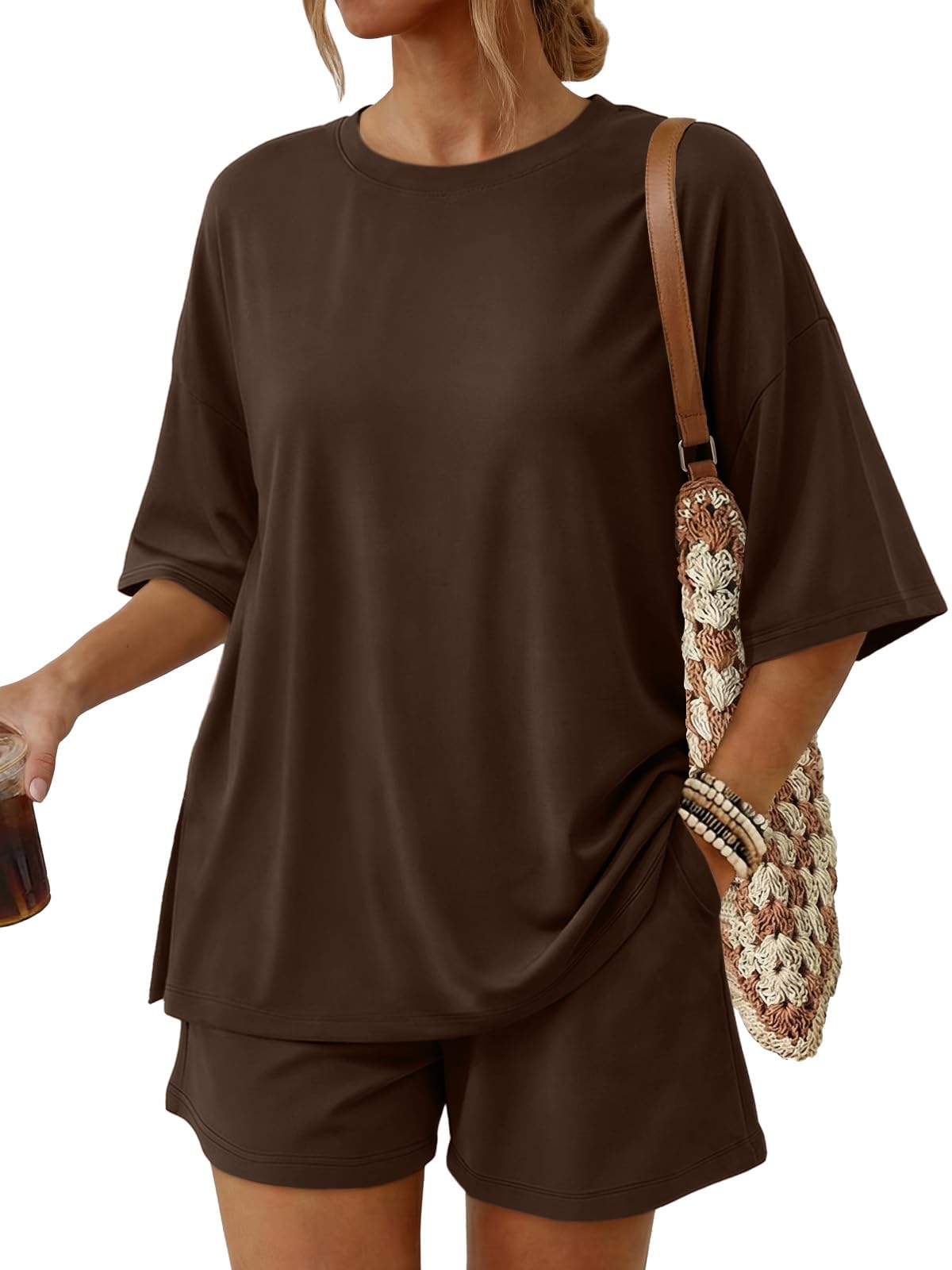Trendy Queen Women's 2 Piece Summer Matching Set Lounge Wear with Pockets | Vacation Travel Outfit, Airport Resort Wear, Athleisure Clothing, Oversized Top & Loose Fit Shorts