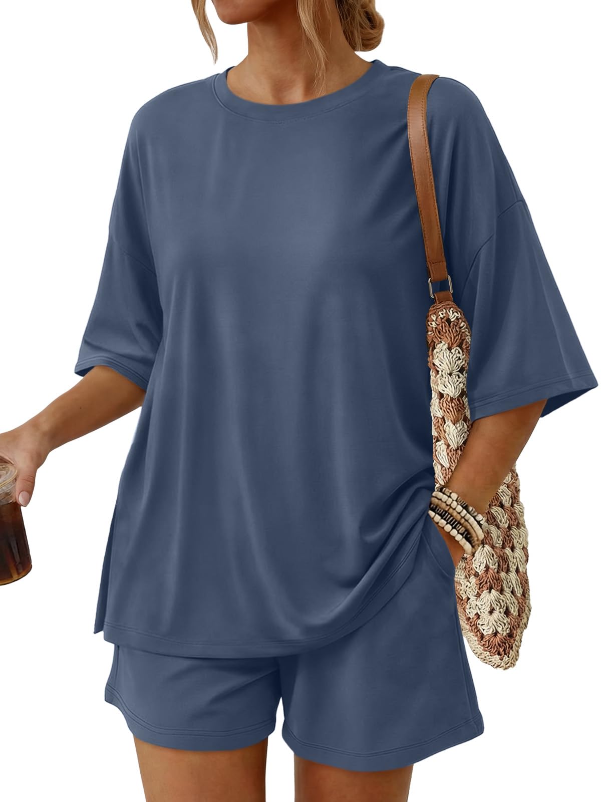 Trendy Queen Women's 2 Piece Summer Matching Set Lounge Wear with Pockets | Vacation Travel Outfit, Airport Resort Wear, Athleisure Clothing, Oversized Top & Loose Fit Shorts