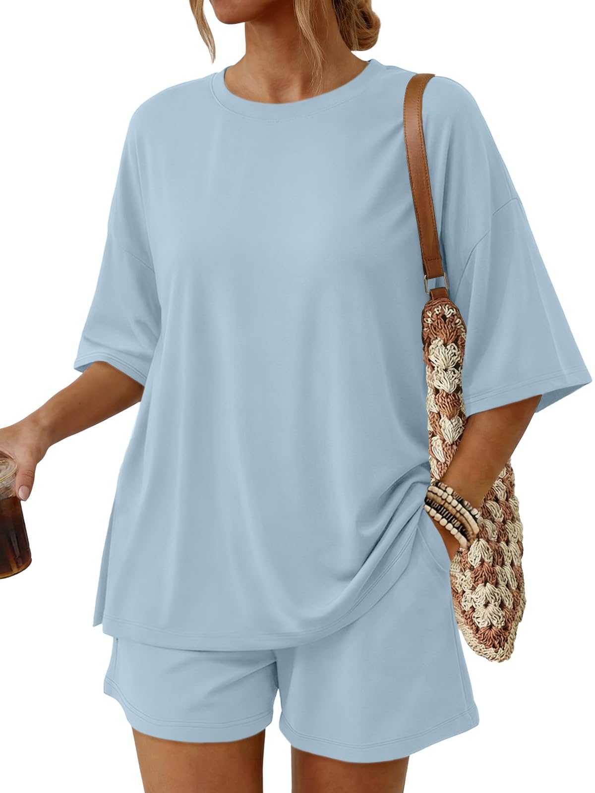 Trendy Queen Women's 2 Piece Summer Matching Set Lounge Wear with Pockets | Vacation Travel Outfit, Airport Resort Wear, Athleisure Clothing, Oversized Top & Loose Fit Shorts