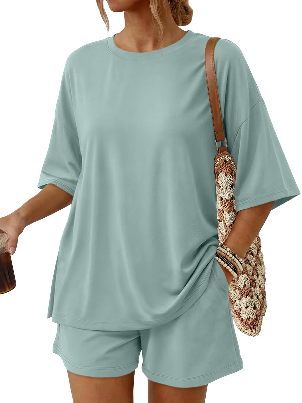 Trendy Queen Women's 2 Piece Summer Matching Set Lounge Wear with Pockets | Vacation Travel Outfit, Airport Resort Wear, Athleisure Clothing, Oversized Top & Loose Fit Shorts