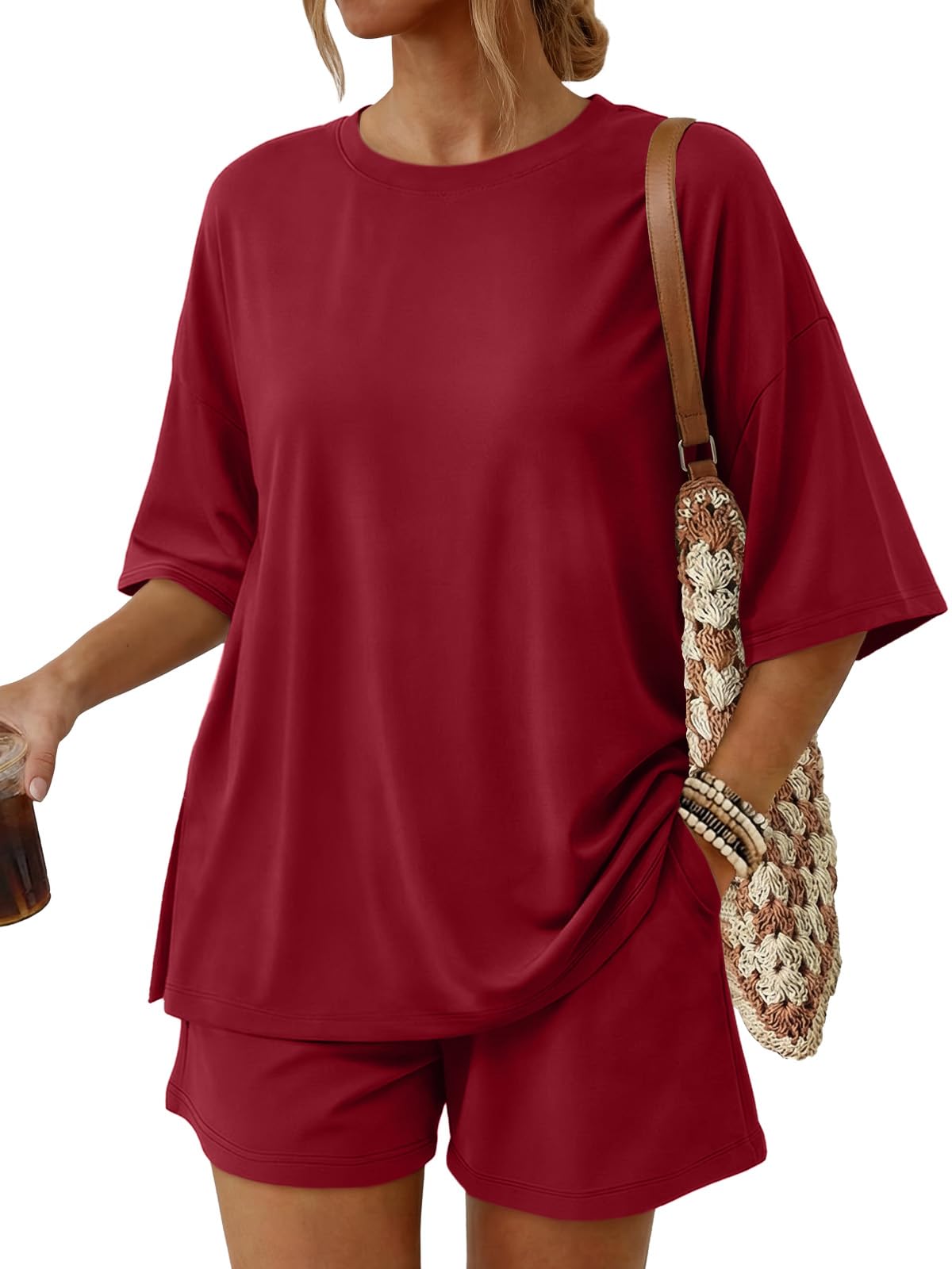 Trendy Queen Women's 2 Piece Summer Matching Set Lounge Wear with Pockets | Vacation Travel Outfit, Airport Resort Wear, Athleisure Clothing, Oversized Top & Loose Fit Shorts
