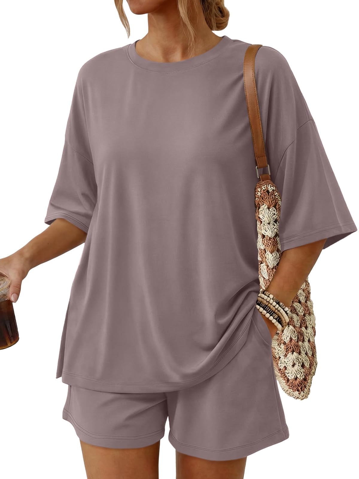 Trendy Queen Women's 2 Piece Summer Matching Set Lounge Wear with Pockets | Vacation Travel Outfit, Airport Resort Wear, Athleisure Clothing, Oversized Top & Loose Fit Shorts
