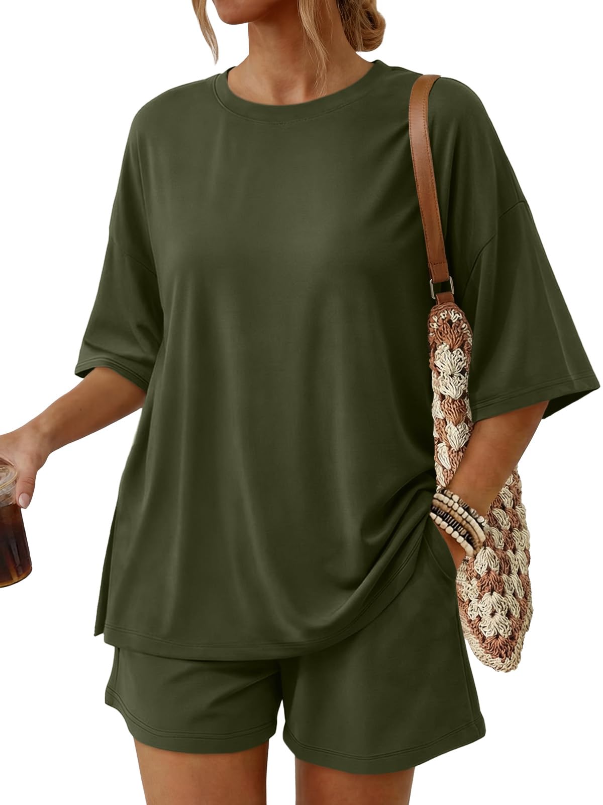 Trendy Queen Women's 2 Piece Summer Matching Set Lounge Wear with Pockets | Vacation Travel Outfit, Airport Resort Wear, Athleisure Clothing, Oversized Top & Loose Fit Shorts
