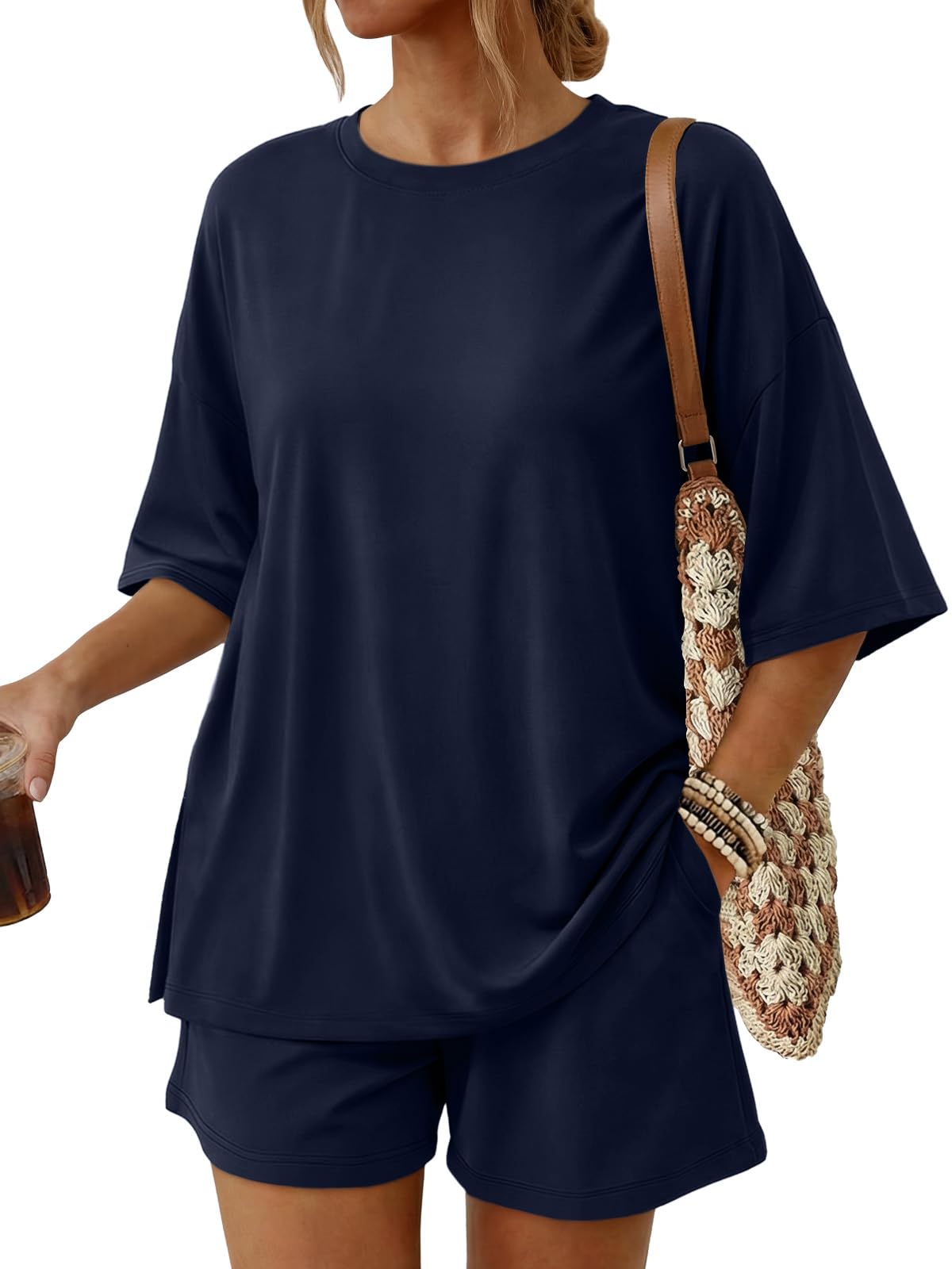 Trendy Queen Women's 2 Piece Summer Matching Set Lounge Wear with Pockets | Vacation Travel Outfit, Airport Resort Wear, Athleisure Clothing, Oversized Top & Loose Fit Shorts