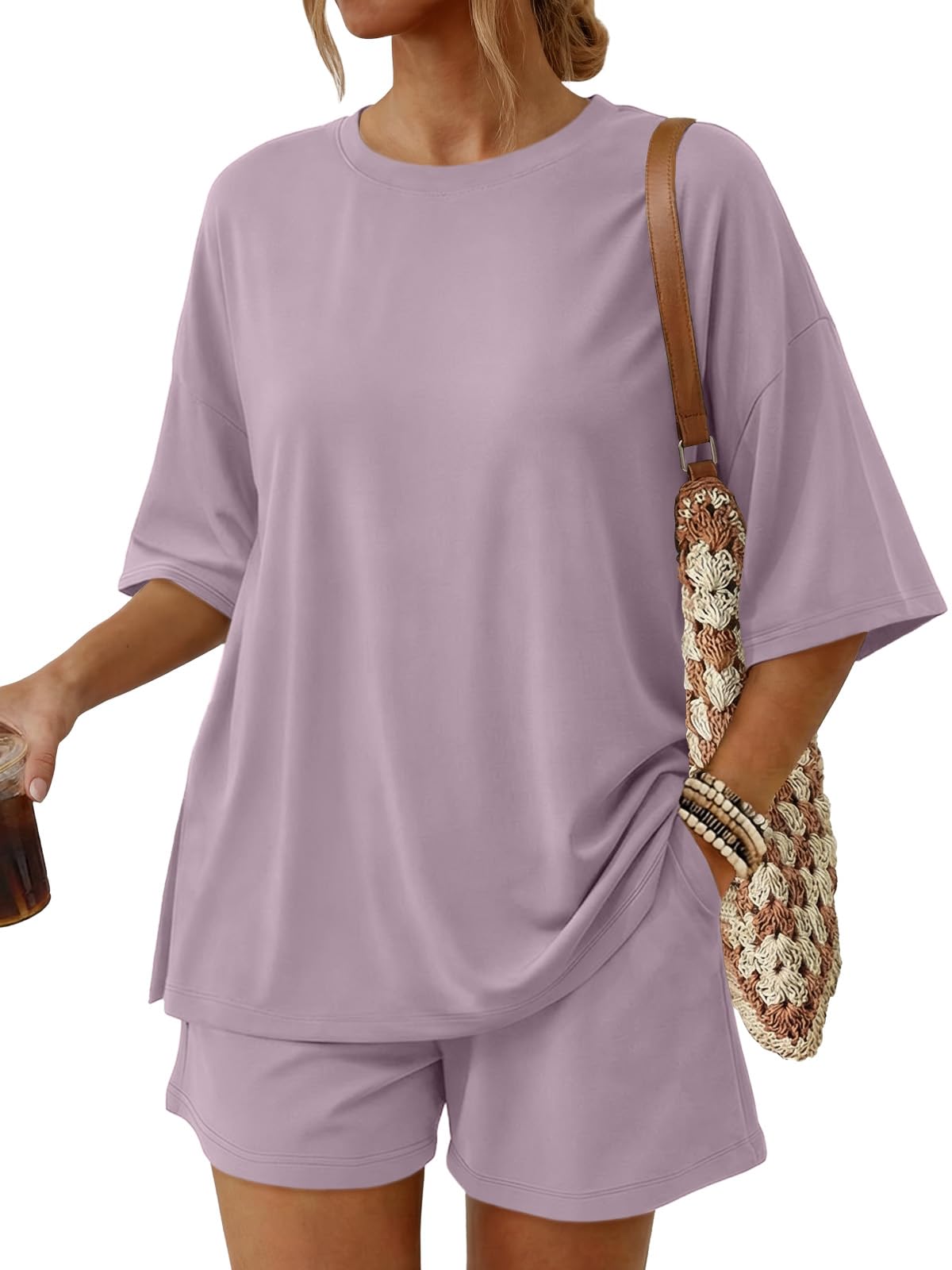 Trendy Queen Women's 2 Piece Summer Matching Set Lounge Wear with Pockets | Vacation Travel Outfit, Airport Resort Wear, Athleisure Clothing, Oversized Top & Loose Fit Shorts