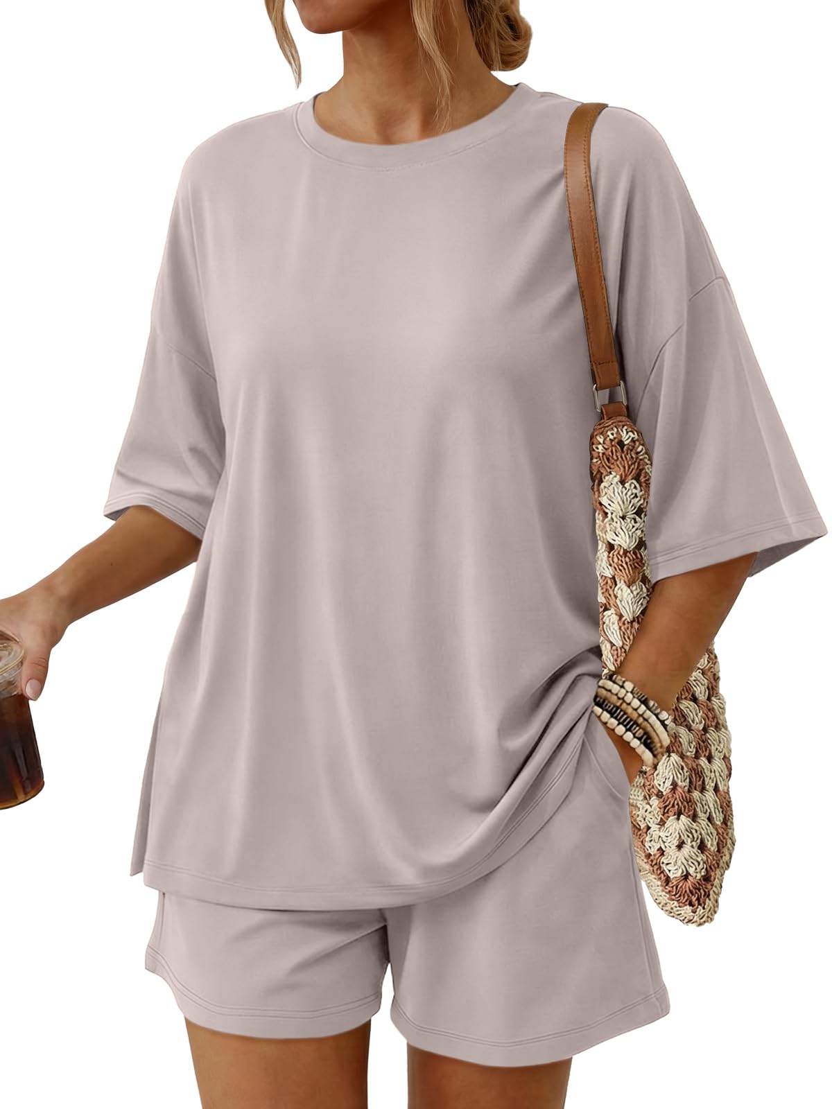 Trendy Queen Women's 2 Piece Summer Matching Set Lounge Wear with Pockets | Vacation Travel Outfit, Airport Resort Wear, Athleisure Clothing, Oversized Top & Loose Fit Shorts