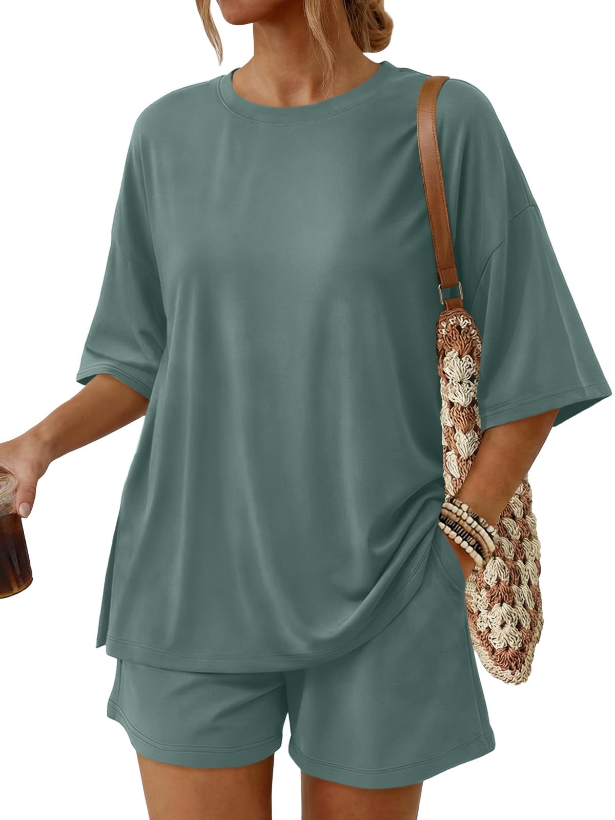 Trendy Queen Women's 2 Piece Summer Matching Set Lounge Wear with Pockets | Vacation Travel Outfit, Airport Resort Wear, Athleisure Clothing, Oversized Top & Loose Fit Shorts