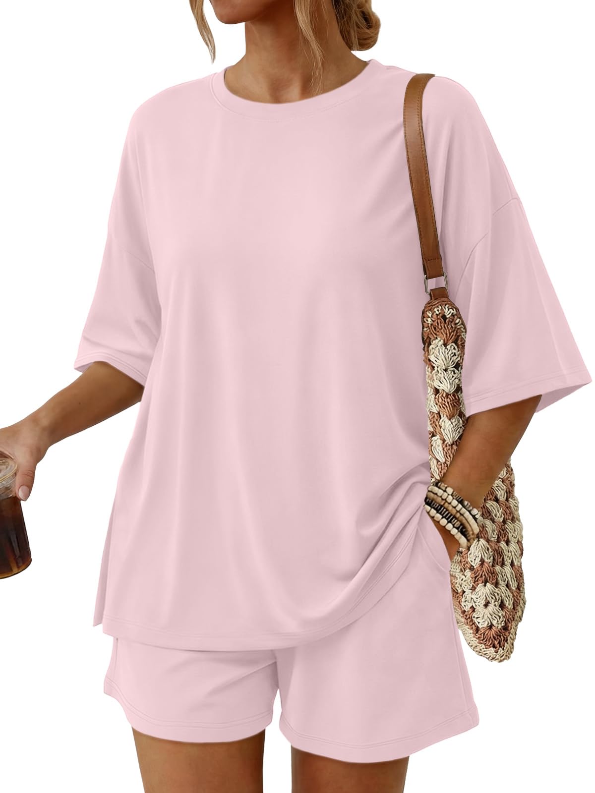 Trendy Queen Women's 2 Piece Summer Matching Set Lounge Wear with Pockets | Vacation Travel Outfit, Airport Resort Wear, Athleisure Clothing, Oversized Top & Loose Fit Shorts