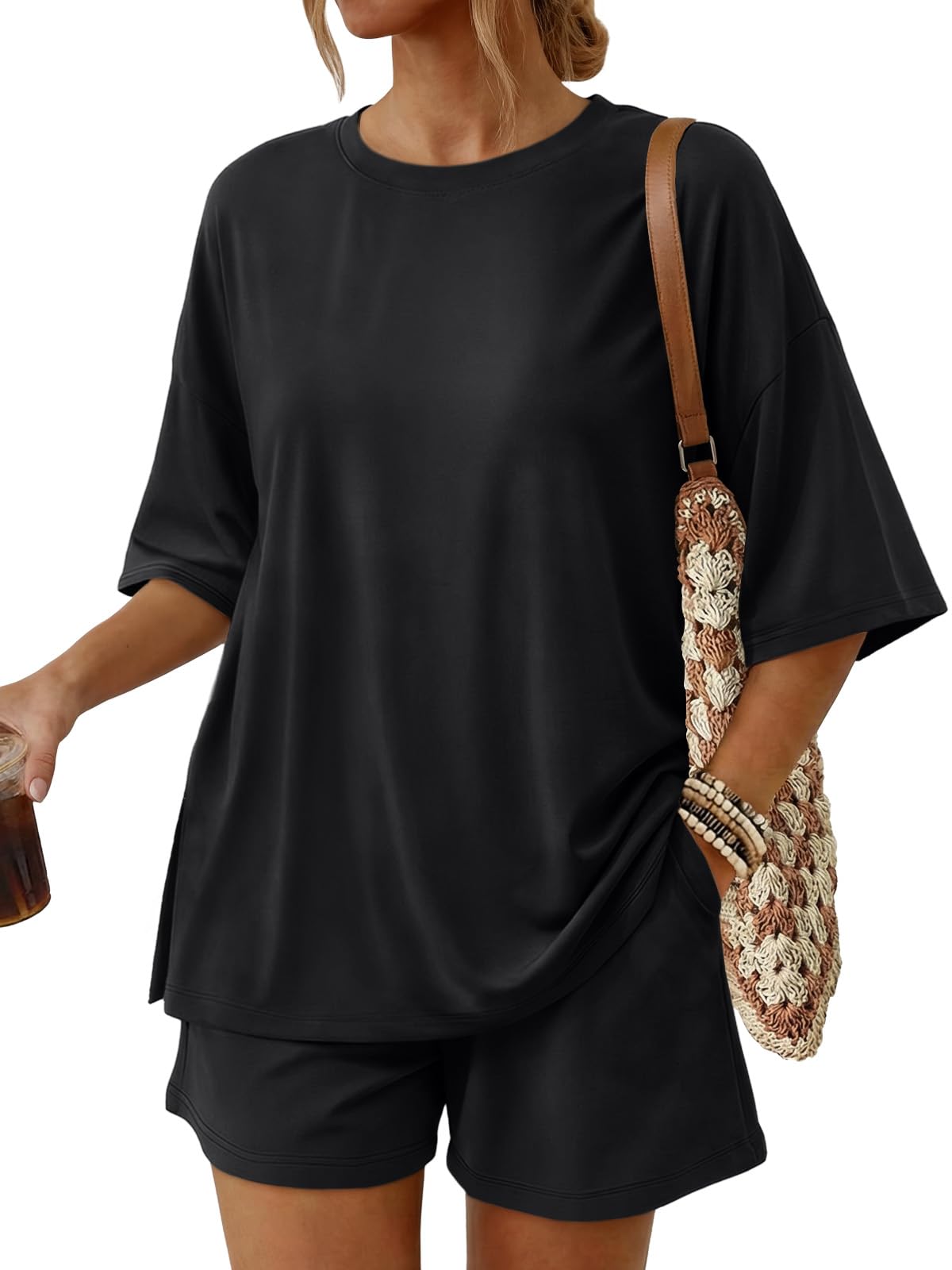 Trendy Queen Women's 2 Piece Summer Matching Set Lounge Wear with Pockets | Vacation Travel Outfit, Airport Resort Wear, Athleisure Clothing, Oversized Top & Loose Fit Shorts