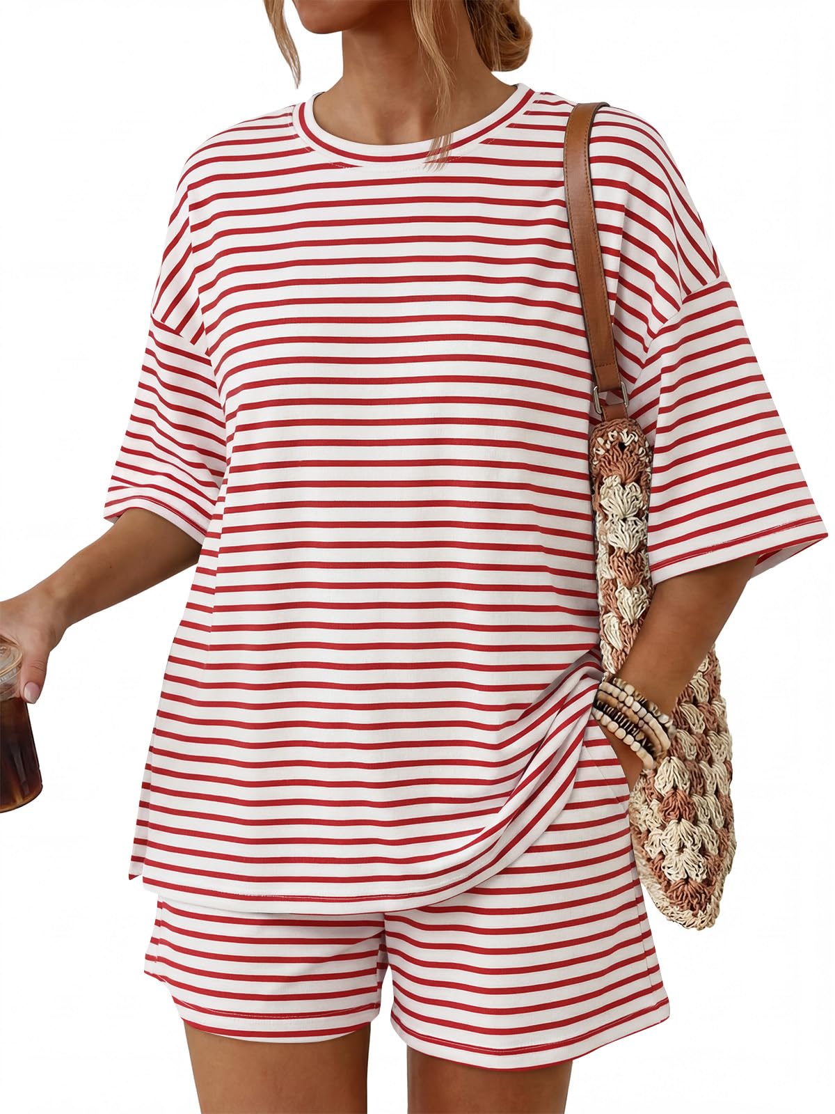 Trendy Queen Women's 2 Piece Summer Matching Set Lounge Wear with Pockets | Vacation Travel Outfit, Airport Resort Wear, Athleisure Clothing, Oversized Top & Loose Fit Shorts