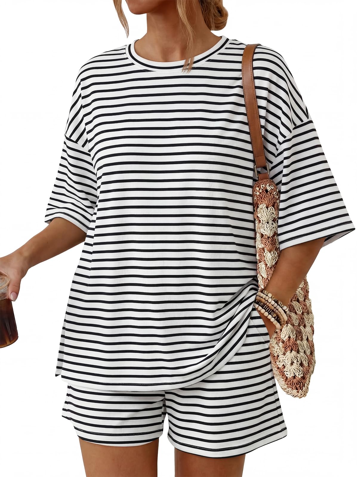Trendy Queen Women's 2 Piece Summer Matching Set Lounge Wear with Pockets | Vacation Travel Outfit, Airport Resort Wear, Athleisure Clothing, Oversized Top & Loose Fit Shorts