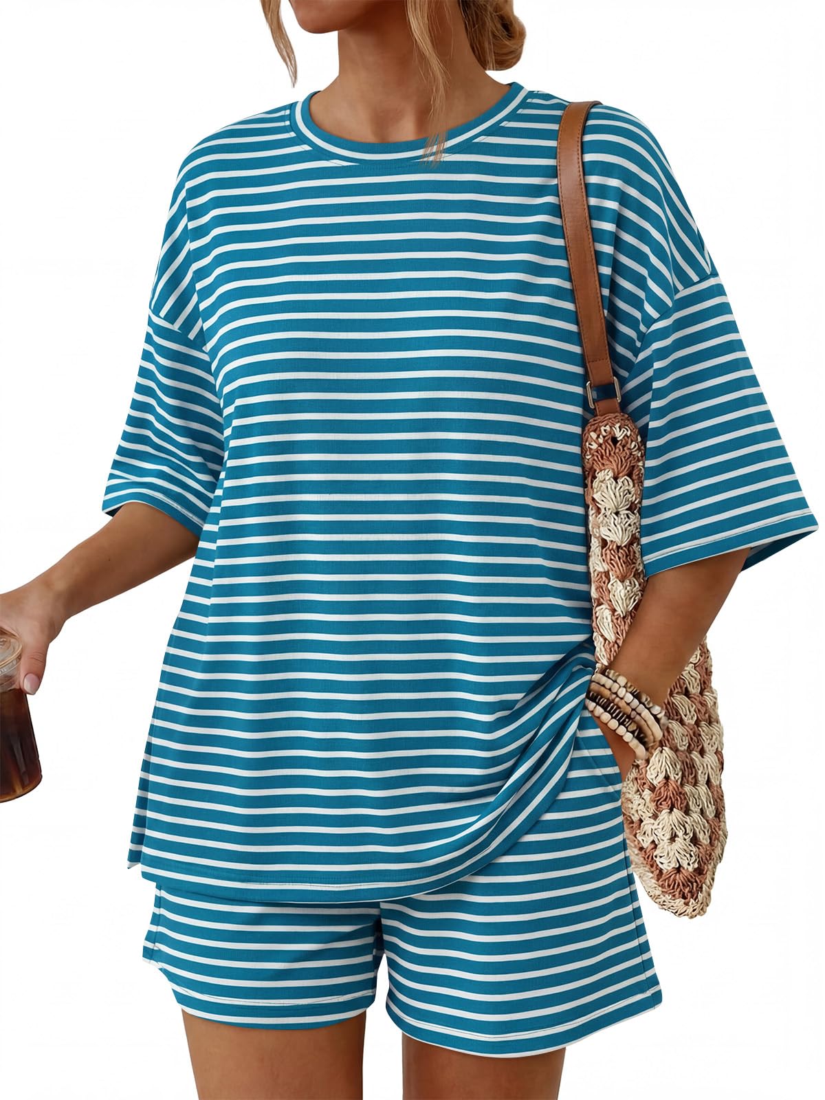 Trendy Queen Women's 2 Piece Summer Matching Set Lounge Wear with Pockets | Vacation Travel Outfit, Airport Resort Wear, Athleisure Clothing, Oversized Top & Loose Fit Shorts