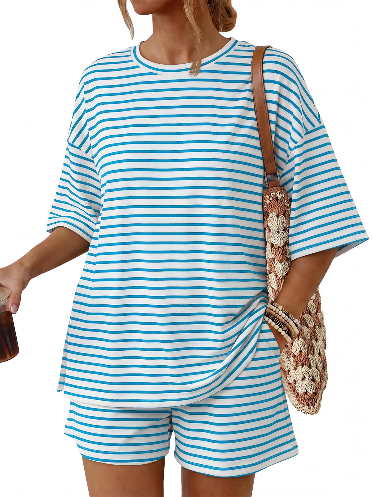 Trendy Queen Women's 2 Piece Summer Matching Set Lounge Wear with Pockets | Vacation Travel Outfit, Airport Resort Wear, Athleisure Clothing, Oversized Top & Loose Fit Shorts