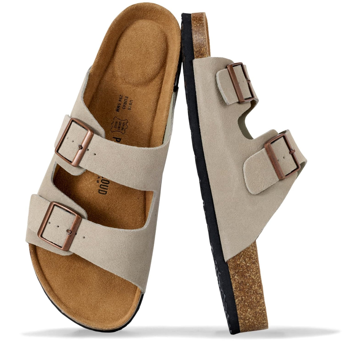 Mens Sandals, 100% Genuine Leather Mens Slides Cork Footbed Sandals for Men