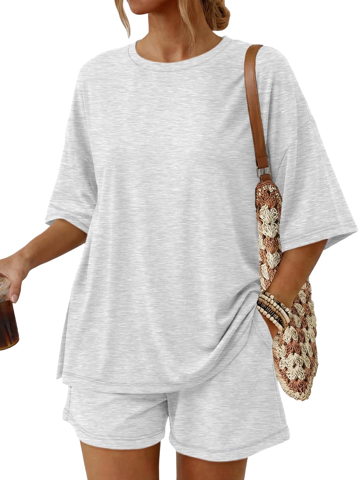 Trendy Queen Women's 2 Piece Summer Matching Set Lounge Wear with Pockets | Vacation Travel Outfit, Airport Resort Wear, Athleisure Clothing, Oversized Top & Loose Fit Shorts