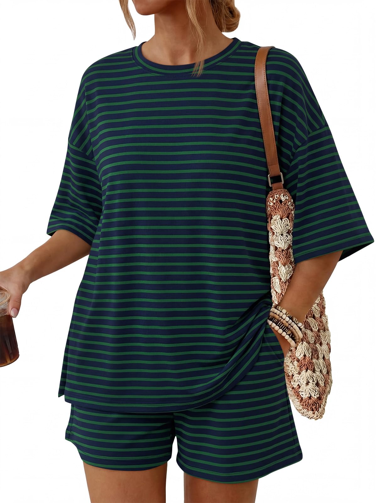 Trendy Queen Women's 2 Piece Summer Matching Set Lounge Wear with Pockets | Vacation Travel Outfit, Airport Resort Wear, Athleisure Clothing, Oversized Top & Loose Fit Shorts