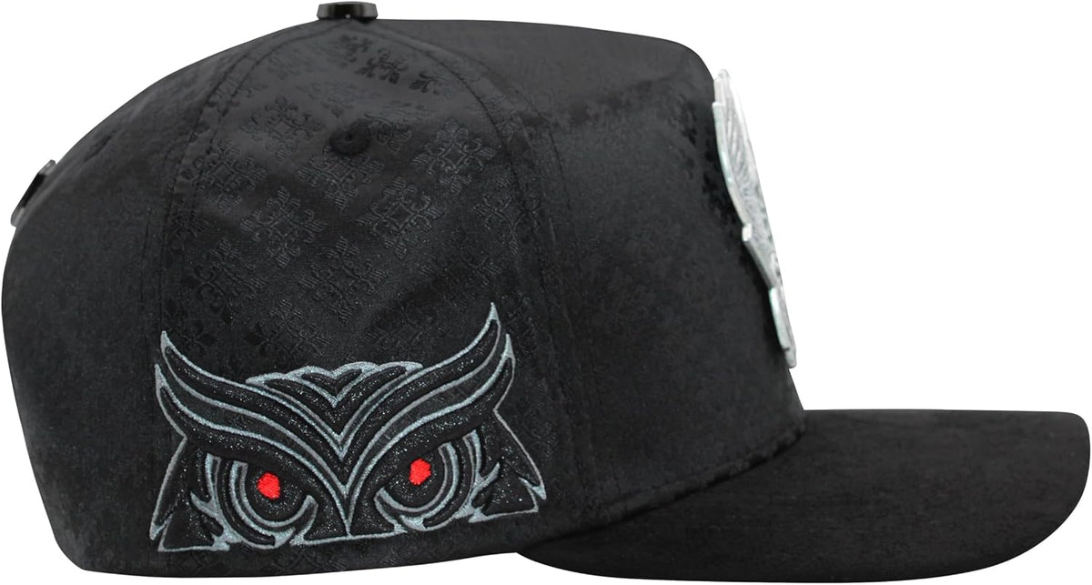 Ferreti Hats FT167 Premium Owl Hat for Men & Women – Black Snapback Baseball Cap with Blue Crystal Owl Emblem – Adjustable Streetwear Hat, Gorra Negra de Beisbol para Hombre y Mujer