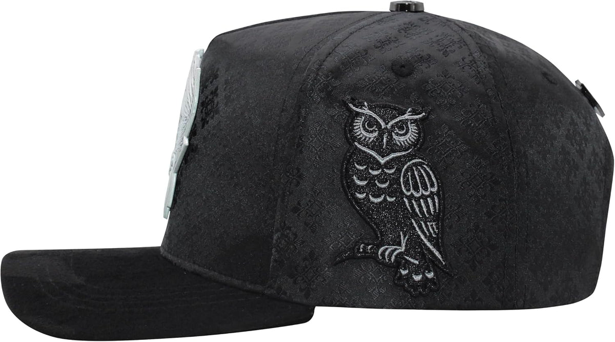 Ferreti Hats FT167 Premium Owl Hat for Men & Women – Black Snapback Baseball Cap with Blue Crystal Owl Emblem – Adjustable Streetwear Hat, Gorra Negra de Beisbol para Hombre y Mujer