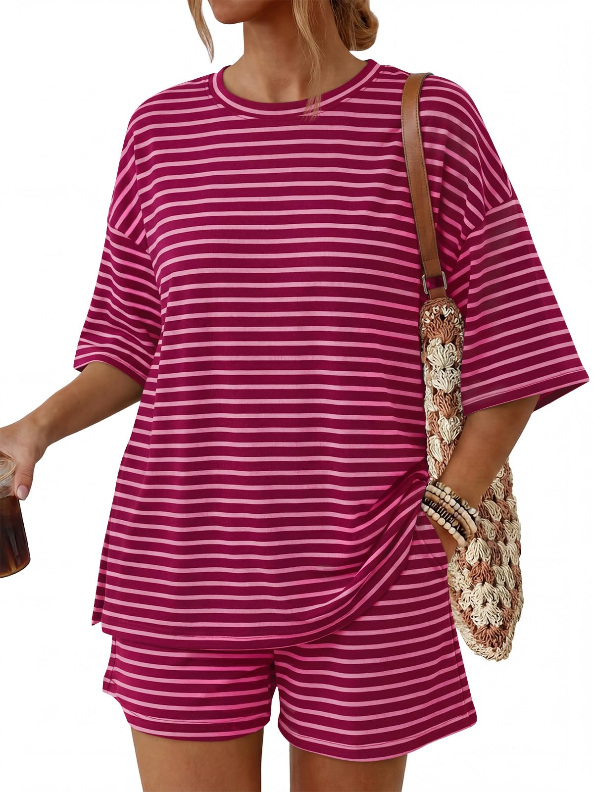 Trendy Queen Women's 2 Piece Summer Matching Set Lounge Wear with Pockets | Vacation Travel Outfit, Airport Resort Wear, Athleisure Clothing, Oversized Top & Loose Fit Shorts