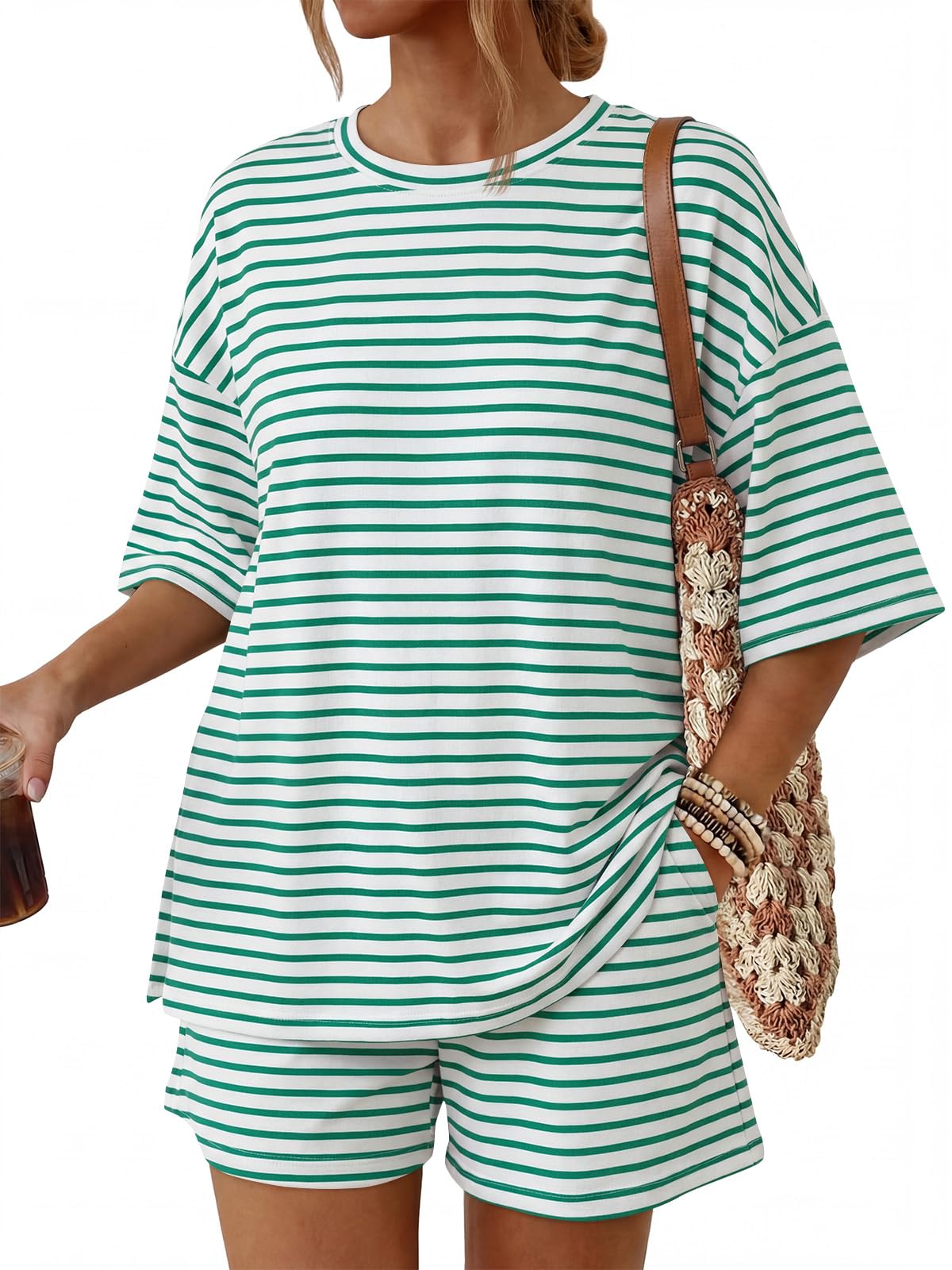 Trendy Queen Women's 2 Piece Summer Matching Set Lounge Wear with Pockets | Vacation Travel Outfit, Airport Resort Wear, Athleisure Clothing, Oversized Top & Loose Fit Shorts