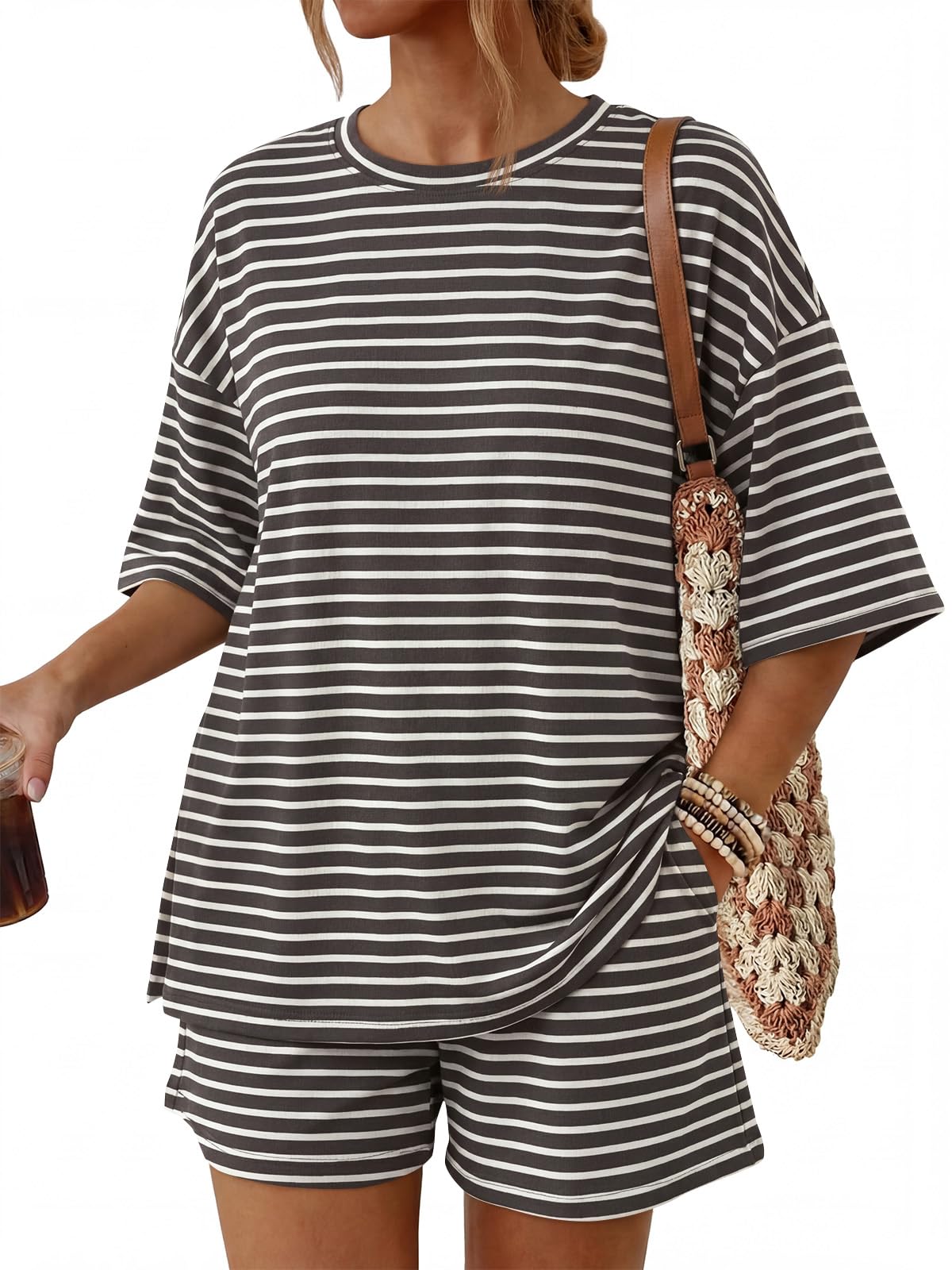 Trendy Queen Women's 2 Piece Summer Matching Set Lounge Wear with Pockets | Vacation Travel Outfit, Airport Resort Wear, Athleisure Clothing, Oversized Top & Loose Fit Shorts