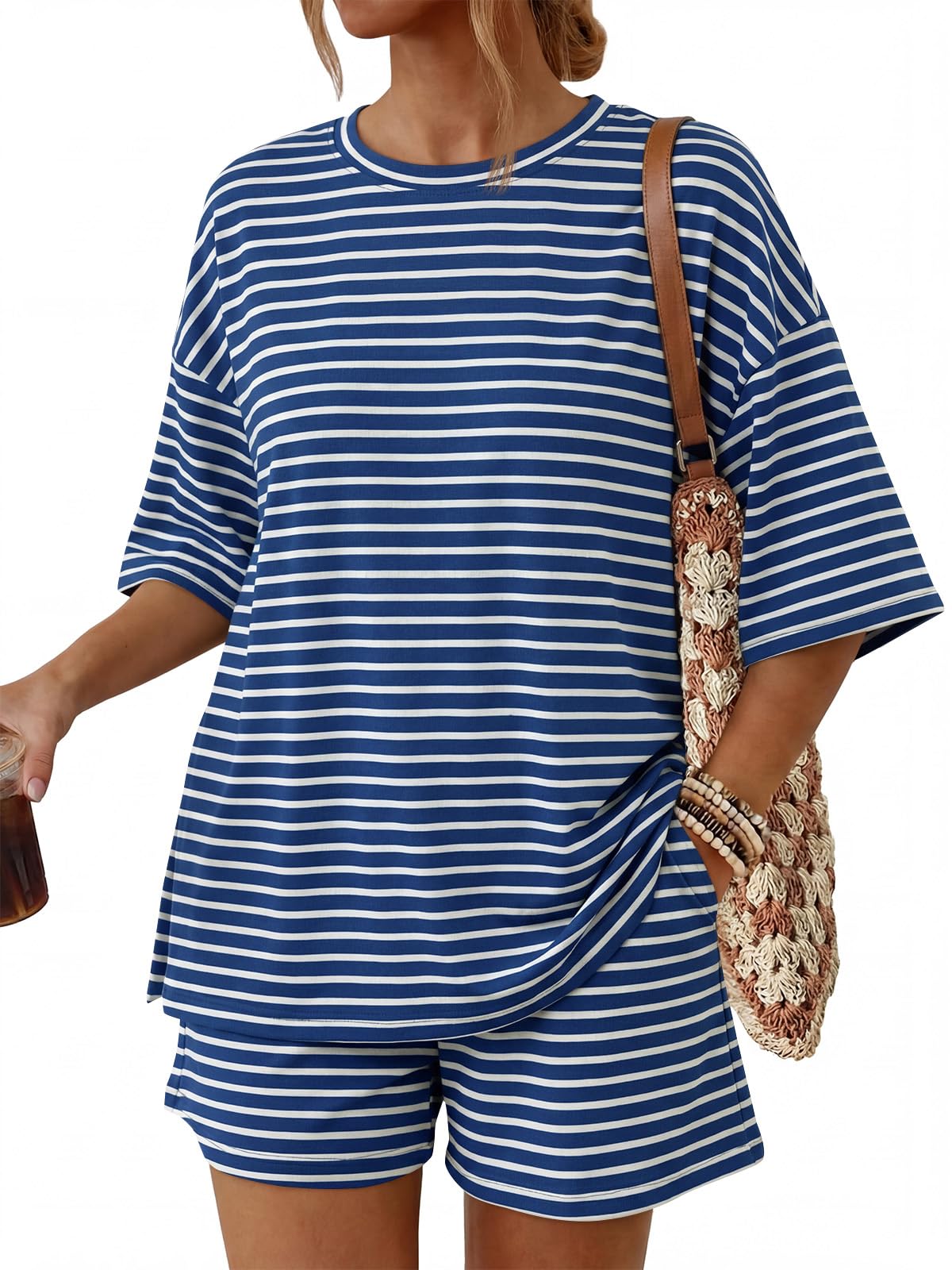 Trendy Queen Women's 2 Piece Summer Matching Set Lounge Wear with Pockets | Vacation Travel Outfit, Airport Resort Wear, Athleisure Clothing, Oversized Top & Loose Fit Shorts