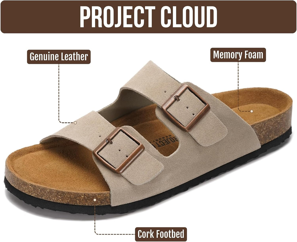Mens Sandals, 100% Genuine Leather Mens Slides Cork Footbed Sandals for Men
