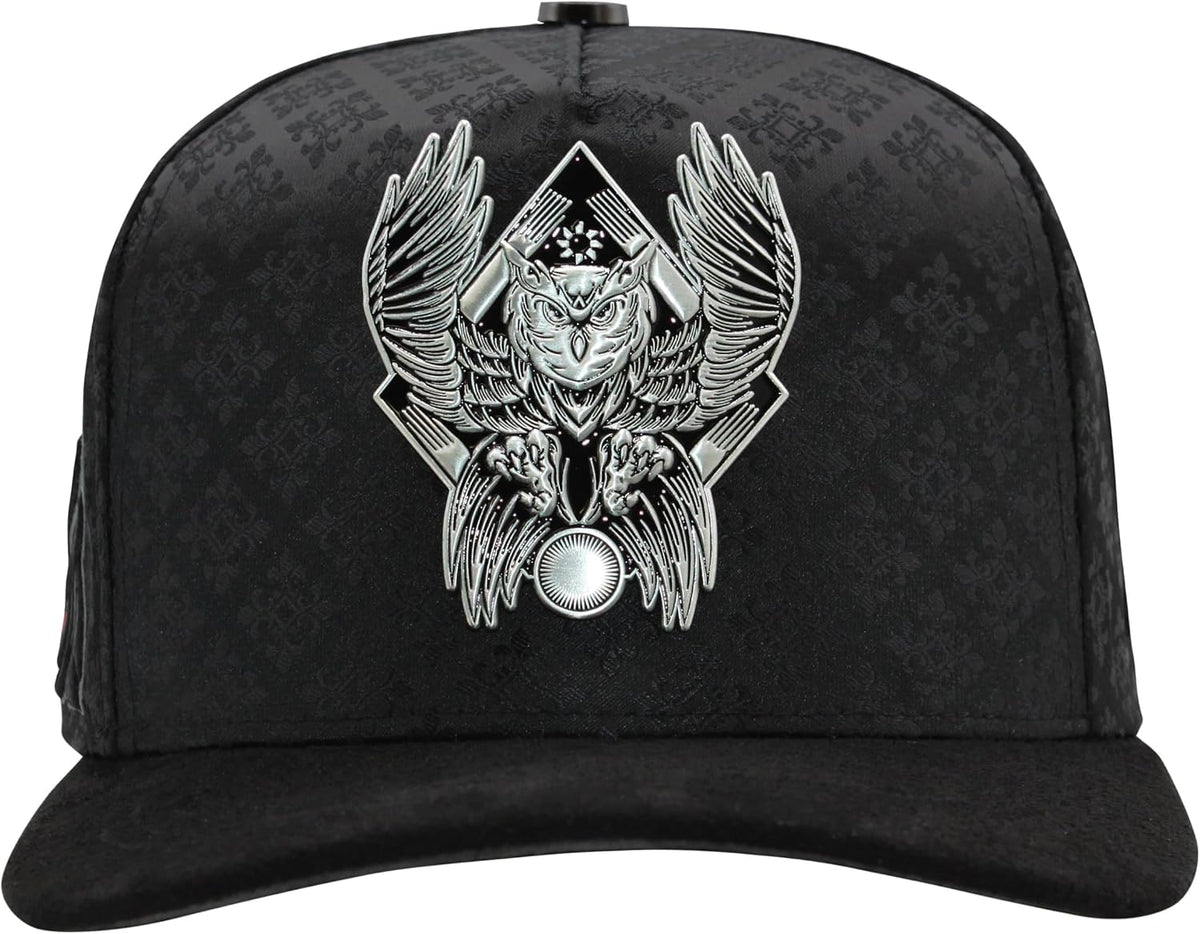 Ferreti Hats FT167 Premium Owl Hat for Men & Women – Black Snapback Baseball Cap with Blue Crystal Owl Emblem – Adjustable Streetwear Hat, Gorra Negra de Beisbol para Hombre y Mujer
