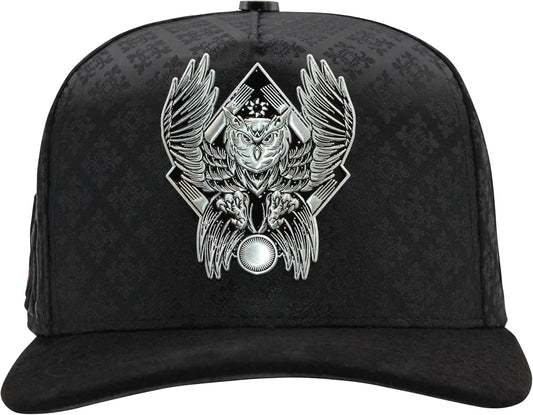 Ferreti Hats FT167 Premium Owl Hat for Men & Women – Black Snapback Baseball Cap with Blue Crystal Owl Emblem – Adjustable Streetwear Hat, Gorra Negra de Beisbol para Hombre y Mujer