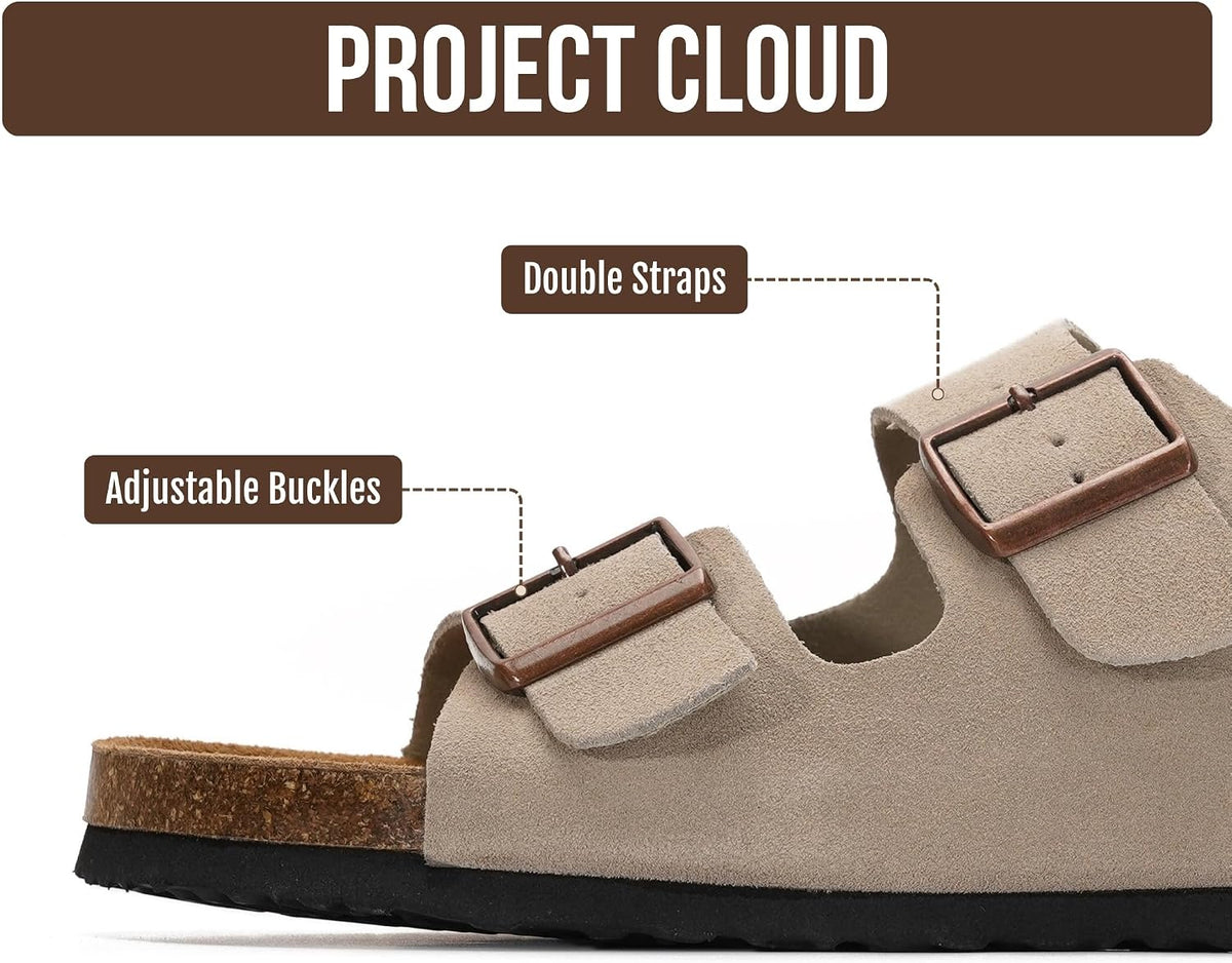 Mens Sandals, 100% Genuine Leather Mens Slides Cork Footbed Sandals for Men