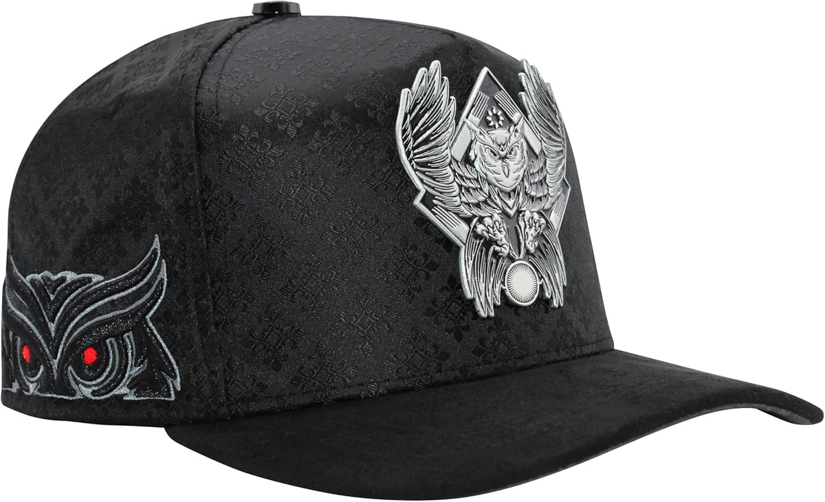 Ferreti Hats FT167 Premium Owl Hat for Men & Women – Black Snapback Baseball Cap with Blue Crystal Owl Emblem – Adjustable Streetwear Hat, Gorra Negra de Beisbol para Hombre y Mujer