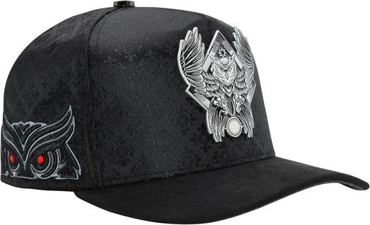 Ferreti Hats FT167 Premium Owl Hat for Men & Women – Black Snapback Baseball Cap with Blue Crystal Owl Emblem – Adjustable Streetwear Hat, Gorra Negra de Beisbol para Hombre y Mujer