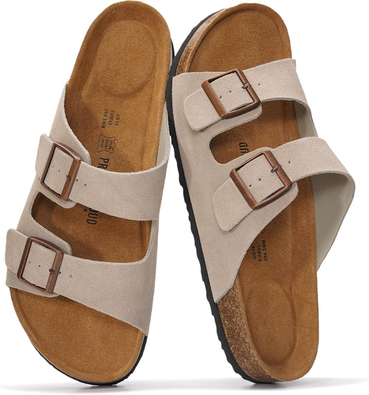 Mens Sandals, 100% Genuine Leather Mens Slides Cork Footbed Sandals for Men