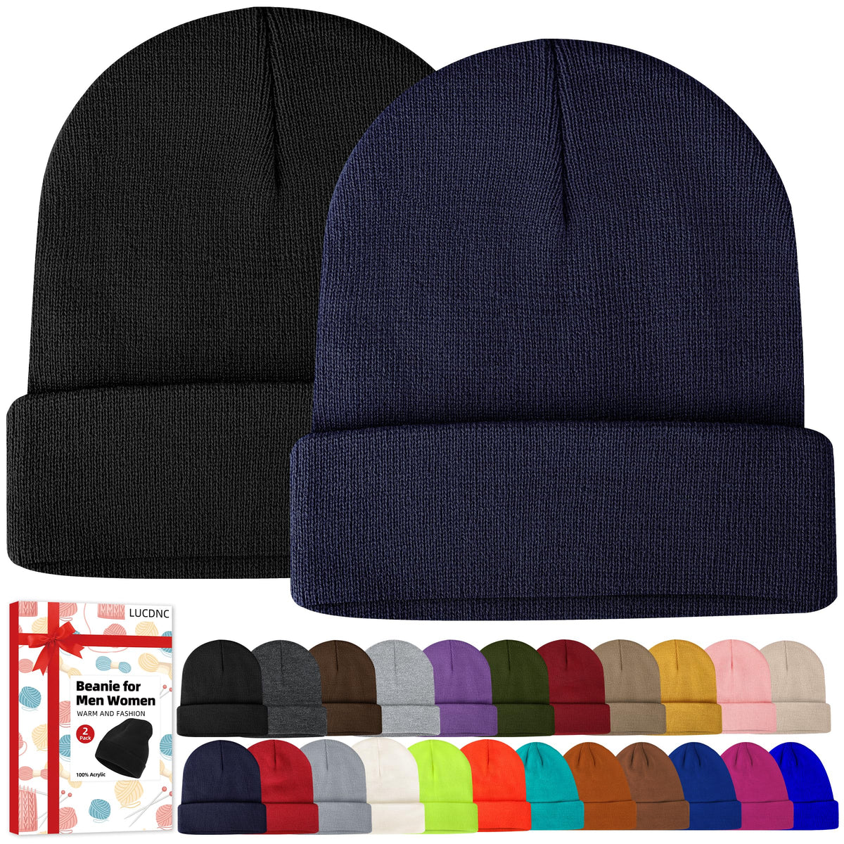 lucdnc Beanies for Men Women 2 Pack Fall Winter Men's Hats Unisex Warm Knit Skullies Beanies Soft Ski Caps